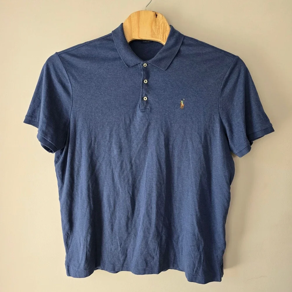 Polo Ralph Lauren Mens XXL Classic Fit Heather‎ Navy Blue Cotton Polo Shirt